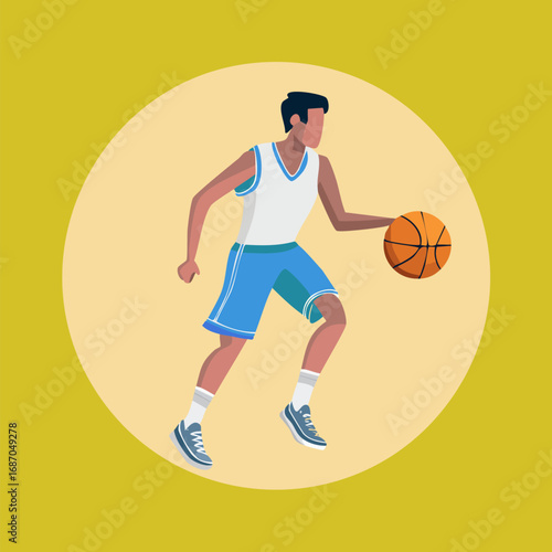 Flat minimalist vector icon of a basketball player dribbling a ball. Clean outline style, isolated on yellow background, great for sport and lifestyle design.Ai  Generated
