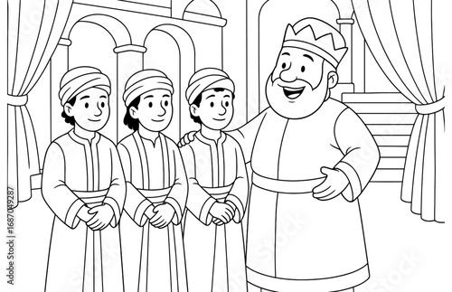 Royal friends coloring page for kids featuring king and courtiers in castle setting