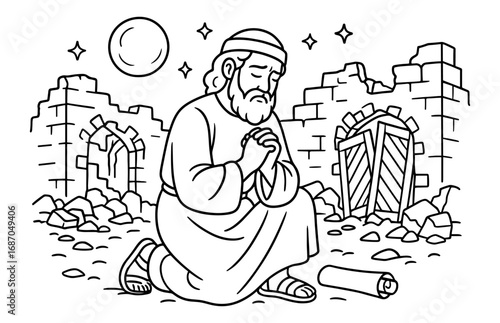 Nehemiah's moonlit prayer among ruins for spiritual reflection art