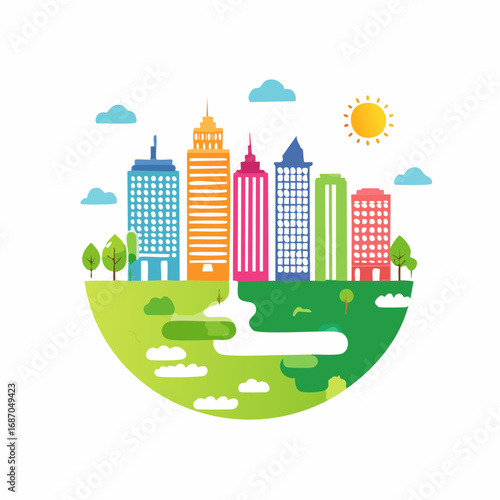 Colorful city buildings and environment concept illustration.