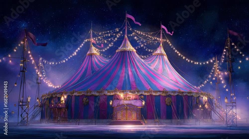 Magical Glowing Circus Tent with Striped Roof at Night Under Starry Sky with Purple Accents and Warm Lighting In Outdoor Setting Creating Whimsical Atmosphere