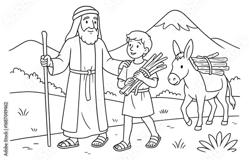Biblical scene of abraham and isaac journeying with donkey in mountain landscape