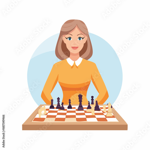 Woman playing chess strategy board game with pieces for competitive mind sport
