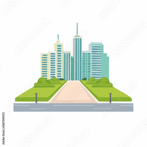 Colorful urban cityscape with tall office buildings pathway and green parkland