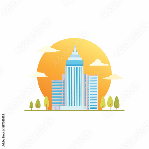Cityscape with modern buildings and trees against bright sunny sunset sky with clouds