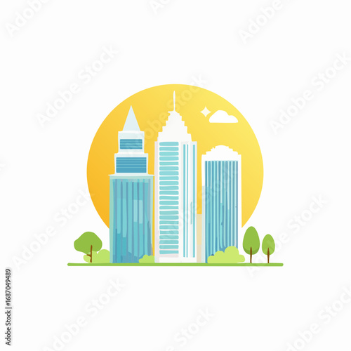Illustrated cityscape with tall buildings and a setting sun