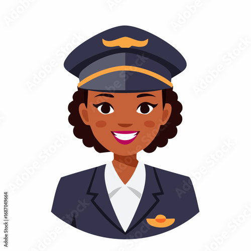 Smiling female pilot wearing a uniform and cap with wings insignia