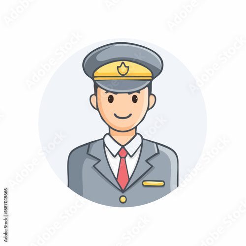 Cartoon man in uniform wearing a peaked cap and a red tie
