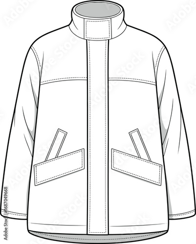 Boxy jacket sketch, high collar design, welt pocket detail, fashion flat drawing, garment CAD illustration, apparel vector template, technical outerwear