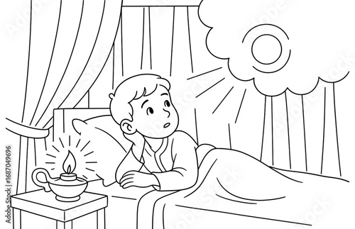 Child dreaming with candlelight in cozy bedroom, fantasy concept for nursery design
