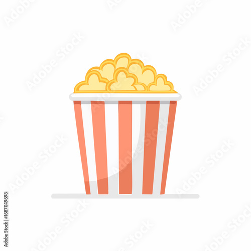 Cartoon popcorn bucket with red and white stripes full of popcorn kernels on flat design