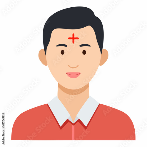 Man with Red Cross on Forehead Illustration Religious Ash Wednesday Symbol