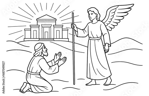 Ezekiel's vision of the temple with angel guide - biblical scene for spiritual design