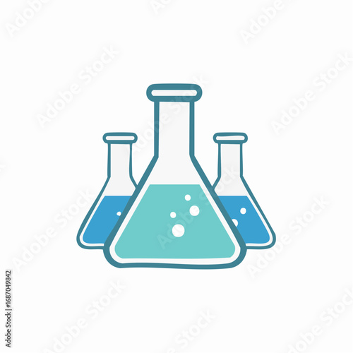 Three blue laboratory flasks with liquid and bubbles representing scientific research and experiments