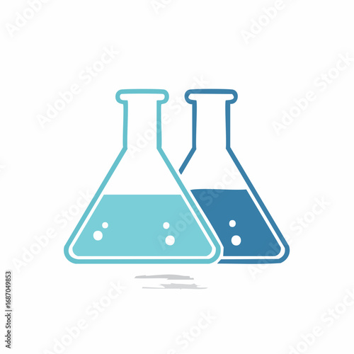 Two chemical flasks with liquid substances in blue hue representing scientific experimentation and research