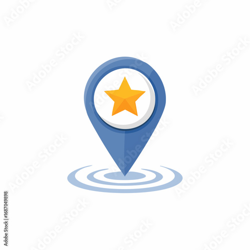 Blue map pointer, star location icon, round pin with ripple effect and golden star symbol, vector