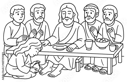 Jesus anointed at bethany with disciples at table scene - religious event depiction for spiritual reflection