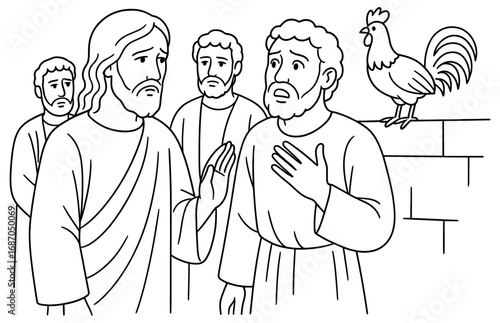 Biblical scene of jesus predicting peter's denial with disciples and rooster for religious education