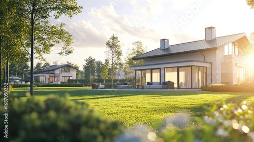 Modern homes in garden setting