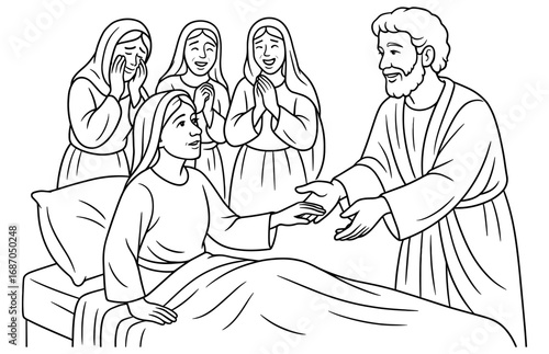 Joyful revival scene with tabitha and supportive figures for inspirational design