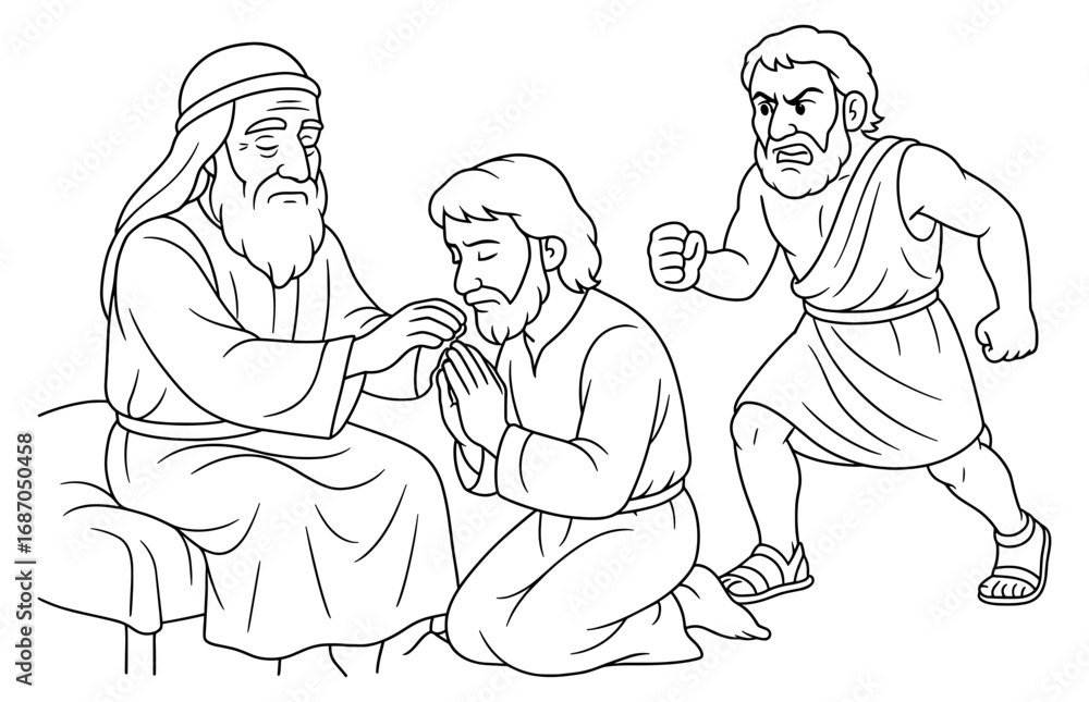 Fototapeta premium Isaac blesses jacob scene with approaching esau - biblical story for educational and religious themes