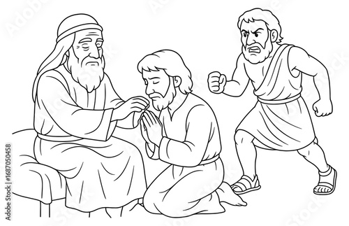 Isaac blesses jacob scene with approaching esau - biblical story for educational and religious themes