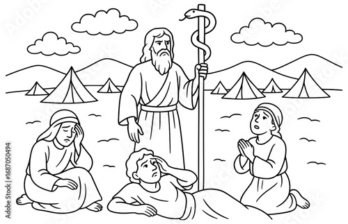 Biblical scene of moses and the bronze serpent in the desert
