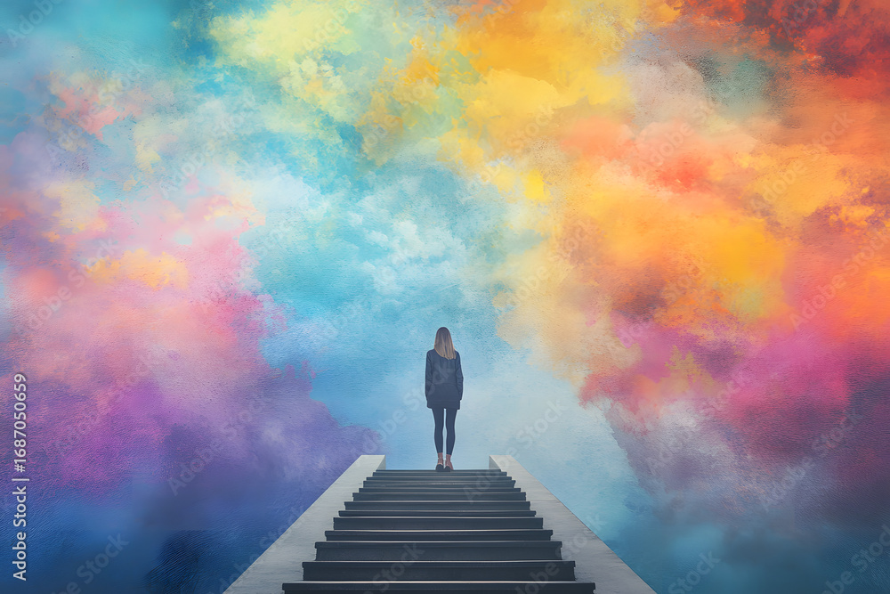 Fototapeta premium Creative representation of an individual stepping from a grayscale world into a vibrant - colorful dream world blue background