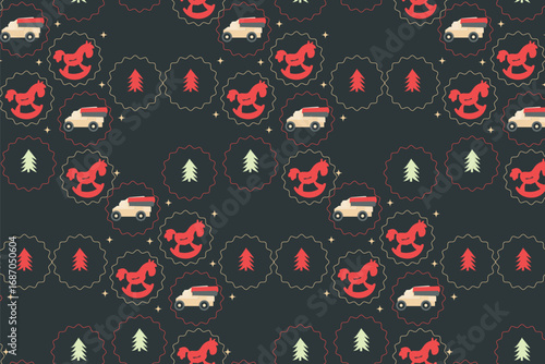 Analog Texture Vintage Toys Christmas Seamless Pattern on Dark Background
