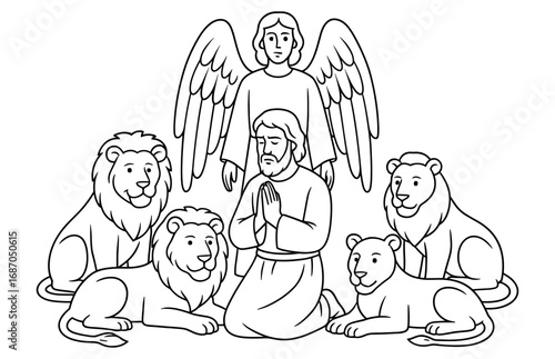 Biblical scene: daniel among lions with angelic protector - religious design for coloring and educational materials