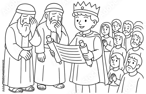 Biblical scene of josiah reading the law to a gathered crowd for religious education