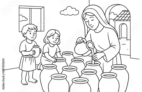 Biblical scene of widow's oil miracle with children for educational design
