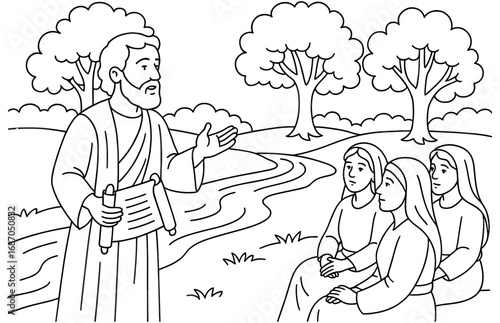 Biblical scene depicting paul preaching by the river in philippi for religious education and coloring activities