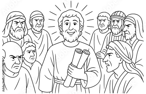 Historical scene of stephen's shining moment with scroll and people