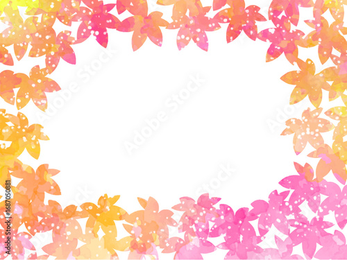 秋の紅葉のイメージの背景素材。水彩風テクスチャー。紅葉の葉っぱのシルエット。かわいい色調。ふんわりした光の輝き。コピースペース。
