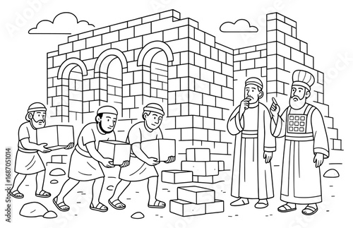 Ancient construction scene of solomon's temple featuring workers and architects