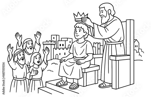 King david crowned on throne scene with celebrating onlookers in ancient setting