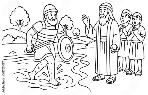 Depiction of elisha healing naaman scene for religious educational material or art display