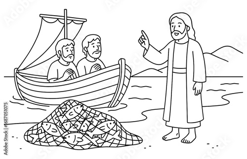Jesus calls fishermen scene with boat and fish net for religious education and print design
