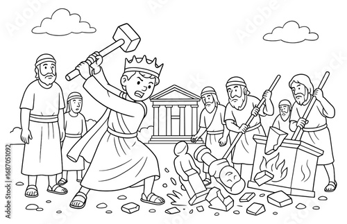 Biblical scene of king josiah destroying idols with followers
