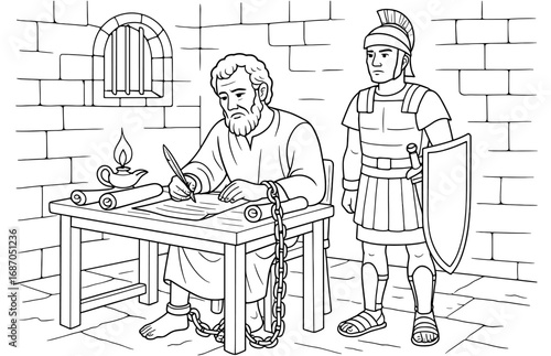 Apostle paul writing in prison with guard - historical scene for religious education