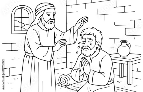 Religious baptism scene depicting ritual in ancient setting with spiritual elements