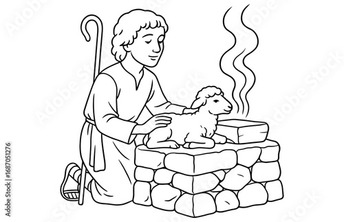 Biblical scene of abel offering a lamb on an altar for spiritual reflection and design