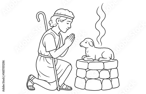 Abel's offering: biblical scene with praying shepherd and altar lamb for faith-based designs