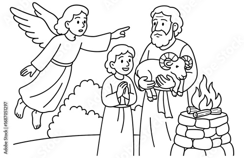 Biblical scene with abraham, angel, and ram for sacrifice - religious conceptual design