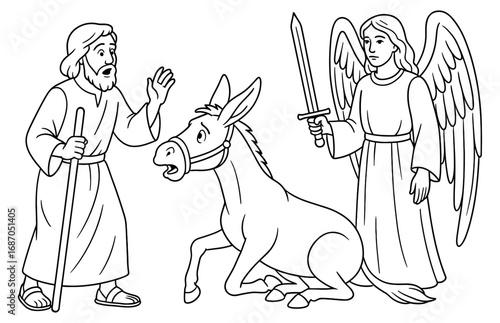 Biblical scene with angel, prophet, and talking donkey for religious education and storytelling