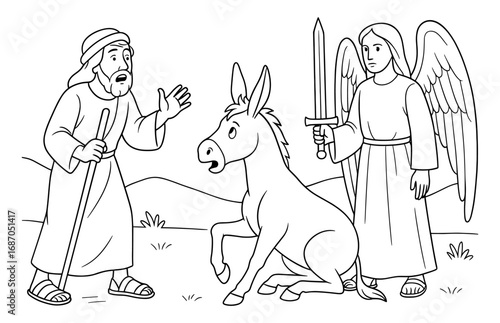 Biblical scene with talking donkey, angel, and biblical figure for educational design