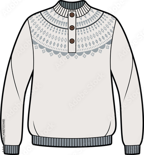 CAD drawing flat vector illustration of cozy winter sweater with patterned yoke, button placket, ribbed cuffs and hem, warm knitwear design
