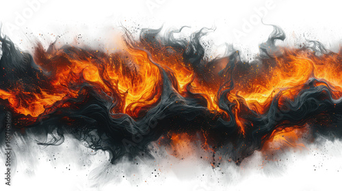 Abstract fiery explosion of orange flames and black smoke, isolated on transparent background