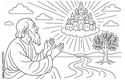 Vision of new jerusalem with biblical figure and tree of life design for religious inspiration